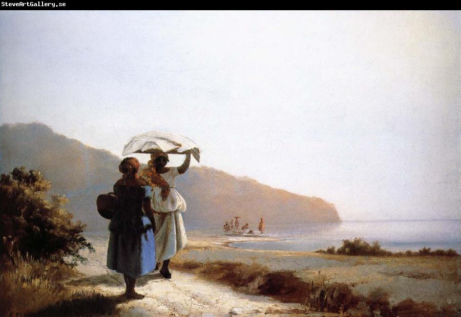Camille Pissarro Two women talking to the seaside